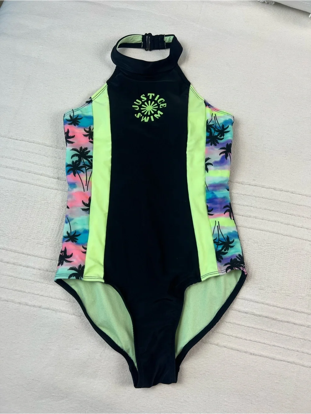 Justice Girls' Black & Lime Green One-Piece with Pastel Palm Print